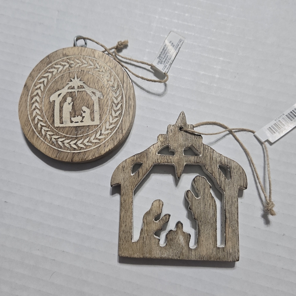2 Piece Wooden Carved Christmas Nativity Ornaments, painted etched nativity  NEW